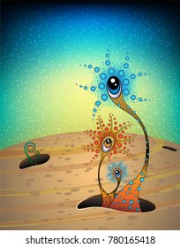 Abstract art that has 3 fantasy flowers with eyes on a planet. Vector. EPS 10.