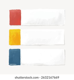 Abstract art with three rectangular blocks. Each block has a colored end: red, yellow, and blue. The blocks are textured, with a modern abstract feel. Graphic element vector.