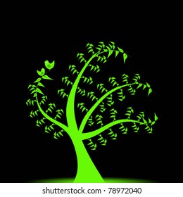 Abstract art tree and birds isolated on black background