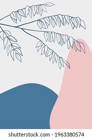 Abstract art of tree branch on simple shapes background. Hand drawn poster, floral print in boho style. Vector graphics, minimal design, contemporary wall decor, interior element, artistic leaflet.