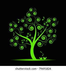 Abstract art tree with music notes and lovely birds