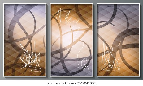 tríptico de arte abstracto. rayas translúcidas curvadas y líneas rotas blancas finas sobre fondo morado texturado. tres imágenes vectoriales en marcos finos blancos. 