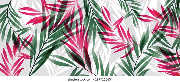 Abstract art tropical leaves background vector. Green and  red wallpaper design with watercolor art texture from palm leaves, Jungle leaves, monstera leaf, exotic botanical floral pattern. 