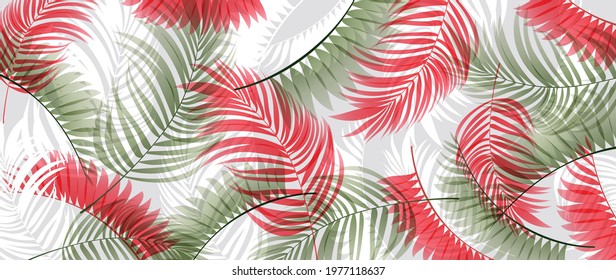 Abstract art tropical leaves background vector. Green and  red wallpaper design with watercolor art texture from palm leaves, Jungle leaves, monstera leaf, exotic botanical floral pattern. 