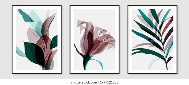 Abstract art tropical leaves background vector. wall art design with watercolor art texture from floral and palm leaves, Jungle leaves, flower, x-ray botanical leaves design  Vector illustration.