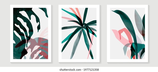 Abstract art tropical leaves background vector. wall art design with watercolor art texture from floral and palm leaves, Jungle leaves, flower, x-ray botanical leaves design  Vector illustration.