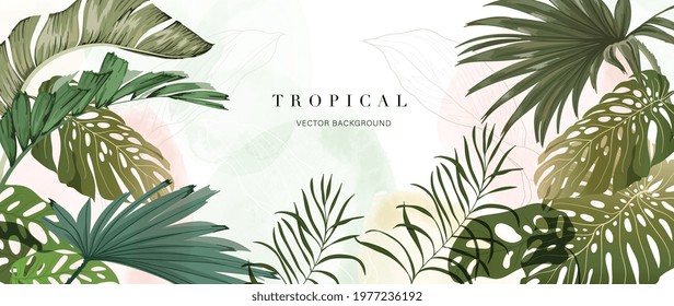 Abstract art tropical leaves background vector. Wallpaper design with watercolor art texture from palm leaves, Jungle leaves, monstera leaf, exotic botanical floral pattern. 