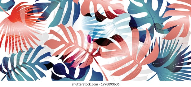 Abstract art tropical leaves background vector. Wallpaper design with pop color art texture from palm leaves, Jungle leaves, monstera leaf, exotic botanical floral pattern. Design for banner, cover, 