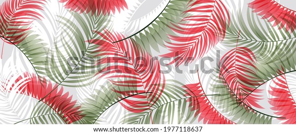 Abstract art tropical leaves background vector. Green and red wallpaper design with watercolor art texture from palm leaves, Jungle leaves, monstera leaf, exotic botanical floral pattern. 