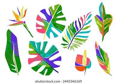 Abstract art tropical leaves and flowers. Monstera, palm, croton leaves, strelitzia and anthurium flower. Isolated set on white background. Colorful modern forms. Vector illustration.