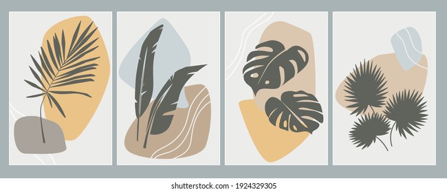 Abstract art of tropical leaves on a background of various simple shapes. Botanical natural compositions for posters, postcards, banners, paintings on the wall. Vector graphics
