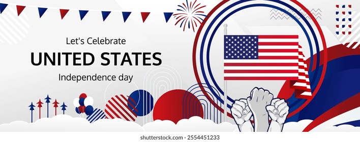 Abstract art of United States of America National Day in flag colors. Creative templates for 4th of July Independence Day with typography. Perfect for posters, web banners and holiday greeting cards.