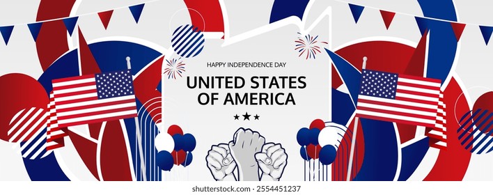 Abstract art of United States of America National Day in flag colors. Creative templates for 4th of July Independence Day with typography. Perfect for posters, web banners and holiday greeting cards.