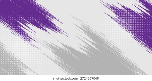 Arte abstrata usando as principais cores de roxo, cinza e branco, com linhas e pequenos pontos que criam uma sensação de movimento e energia que é livre e natural, misturando-se perfeitamente.