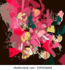Abstract art vector background illustration. Hand drawn textured streaks, strokes, splashes and spots. Template for design, canvas print, poster, carpet, wallpaper, border frame, wooden panel.
