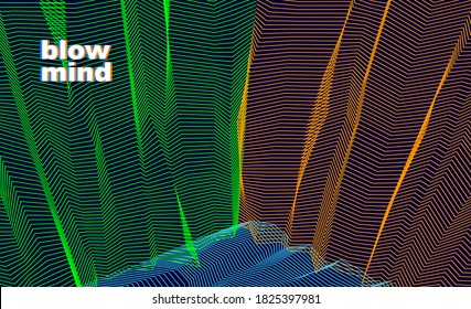 Resumen de fondo vectorial de arte para diseño moderno de gran diseño, texturas de superficie de arte de línea, espacio 3d dimensional. Fantástico arte psicodélico moderno de moda, ilusión óptica dimensional.
