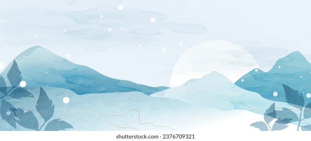 Abstract art vector background. Winter ice mountains with leaves and sun in the snow, framed by golden lines. Artistic design with floral and mountain watercolor for print, decor, banner.	
