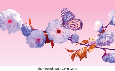 Vector artístico abstracto con flor azul, mariposas y hojas botánicas