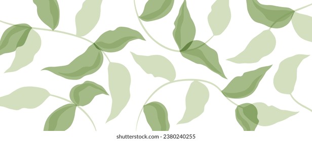 Abstract art vector botanical background. Leaf pattern with twigs and green, hand drawn branches and leaves. Simple illustrated modern design for fabric, print, cover, banner, wallpaper.	