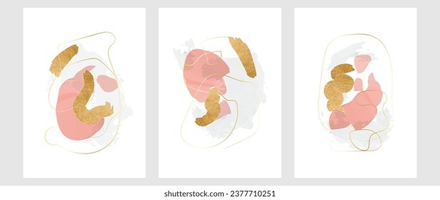 Abstrakter Kunstvektor. Zeitgenössische Gemälde mit goldenem Pinsel und rosafarbenen Flecken. Minimalistische handgemalte Illustrationen mit Aquarell-Textur, für die Innendekoration, Wandkunst, Hintergrund.	