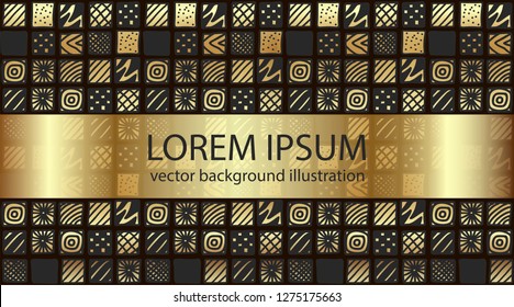 Abstract art vector geometric illustration. Text lorem ipsum. Hand drawn gradient gold color patterned squares. Design template for greeting card, typographic print, sale flyer, festive banner.