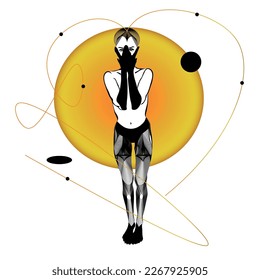 Abstract art vector illustration.  Girl in pantyhose covers her face with her hands.  Around a woman space and the sun o moon.  Emotional and conceptual. T-shirt print