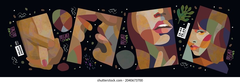 Abstract art. Vector illustration of man and woman couple relationship, love, kiss, handshake, hug, passion. Painted objects for poster, banner or background