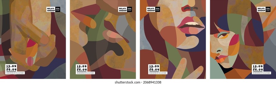 Abstract art. Vector illustration of man and woman couple relationship, love, kiss, handshake, hug, passion. Painted objects for poster, banner or background