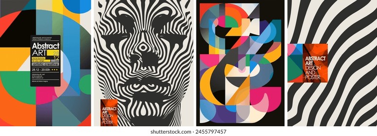 Abstract art. Vector illustration of modern geometric shapes with gradients, lines, flowing stripes, minimalistic man portrait for poster, social media, background, cover or flyer