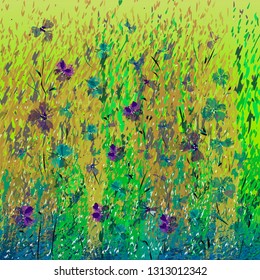 Abstract art vector illustration. Small purple and blue flowers on textured bright green background. Template for design, canvas print, poster, border frame, wooden panel, card.