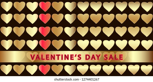 Abstract art vector illustration. Text Valentine's day sale. Gradient polished metal foil red and gold hearts on black background. Template for greeting card, typographic print, flyer, festive banner.