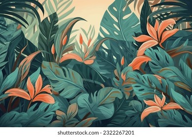 Resumen de ilustración vectorial de arte. Pintura acuarela, papel pintado para los niños. Plantas dibujadas a mano. Palmeras, selva tropical, hojas, flores. Arte moderno: impresiones, papel pintado, carteles, tarjetas, murales