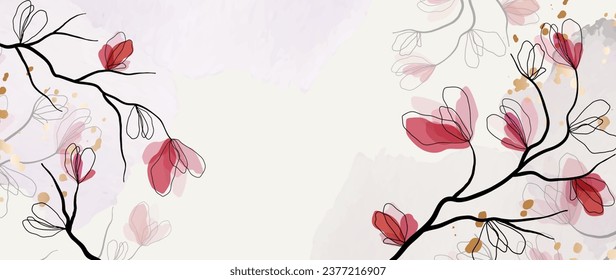 Abstracto vector de arte. Papel de lujo con toques dorados y flores artísticas de magnolia. Formas orgánicas, acuarela. Antecedentes vectores para pancarta, afiche	