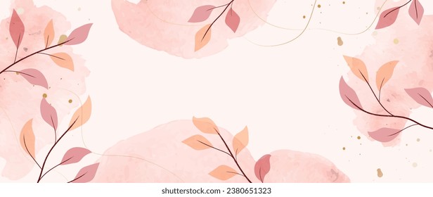 Abstracto vector de arte. Papel de lujo en un estilo minimalista con líneas doradas y hojas botánicas, formas orgánicas, acuarela. Fondo vectorial para banner, afiche, web y embalaje.	