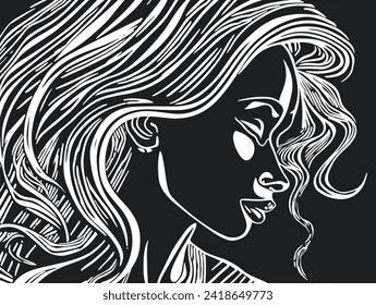 Abstract art vector outline illustration of african woman face. Black and white coloring page of girl face portrait. Modern print, poster image