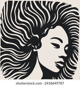 Abstrakte Kunst, Vektorgrafik der afrikanischen Frau Gesicht. Schwarz-Weiß-Farbseite des Mädchenporträts. Moderner Druck, Poster-Bild