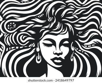 Resumen de la ilustración de la cara de las mujeres africanas en el esquema del vector del arte. La página de color blanco y negro de la cara de la chica retrato. Impresión moderna, imagen de afiche