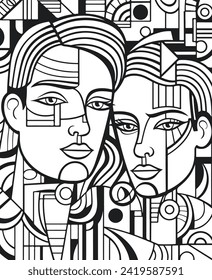 Resumen de ilustraciones de esquemáticas de vectores de arte de pareja, hombre y mujer. Página de coloreado en blanco y negro de caras humanas
