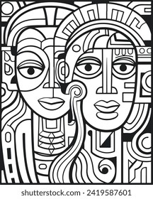 Resumen de ilustraciones de esquemáticas de vectores de arte de pareja, hombre y mujer. Página de coloreado en blanco y negro de caras humanas