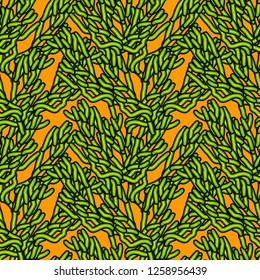 Abstract art vector seamless pattern hand drawn green splinters on a orange background for ceramic tiles, textile, wrapping, design, upholstery, cover page, banner, web site, wall decor.
