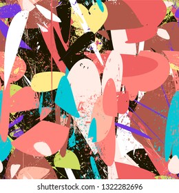 Abstract art vector seamless pattern. Multicolored textured streaks, strokes, splashes and spots. Template for textile, wallpaper, cover, web, card, carton, banner, wrapping paper, ceramics tile.
