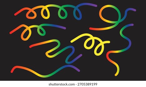 Abstrakte Kunst mit lebendigen, Regenbogen-Farbverlauf-Linien. Mehrere gewellte und gewickelte Formen drehen sich und drehen sich auf dunklem Hintergrund, wodurch ein dynamisches und buntes Bild entsteht.