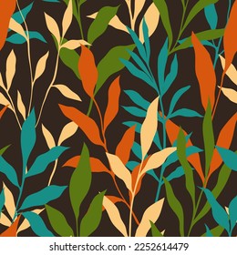 Abstract art vintage colors tropical line art leaves background vector. Seamless pattern. Wallpaper design with leaves shapes and scribble doodle linear leaf. vintage botanical floral pattern