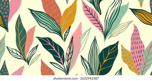 Abstract art vintage colors tropical line art leaves seamless background vector. Wallpaper design with leaves shapes and scribble doodle linear leaf. vintage botanical floral seamless pattern