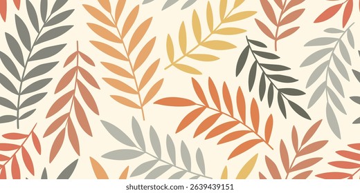 Abstract art vintage colors tropical line art leaves seamles background vector. Wallpaper design with leaves shapes and scribble doodle linear leaf. vintage botanical floral seamless pattern
