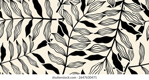 Abstract art vintage colors tropical line art leaves seamles background vector. Wallpaper design with leaves shapes and scribble doodle linear leaf. vintage botanical floral seamless pattern