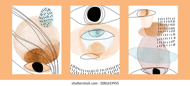 Abstract art wall arts vector collection. Arts design with eyes and hand painted lines, watercolour concept. watercolor stain texture for home deco, wall art print and cover.