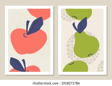 Abstract art wall with fruits. Abstract apples, pears and shapes for collages, posters, covers, perfect for wall decoration. Vector.