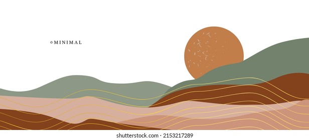 Abstract art wallpaper for prints, Art Decoration, wall arts and canvas prints.Mountain flat background vector.
Minimalist style of landscape design with gold lines.