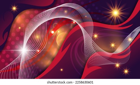 Abstract art wallpaper in purple and scarlet tones. A flash of light, lights, intertwining wavy lines against the background of overlapping smooth shapes with ornate strokes. Vector.
